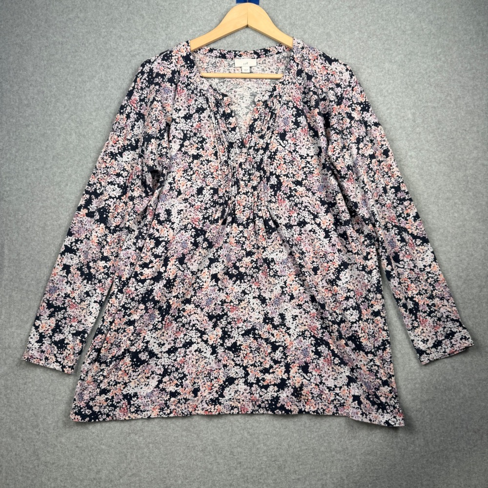 J‎ Jill Top Womens Large Purple Blue Floral Pintuck V Neck Long Sleeve Tunic